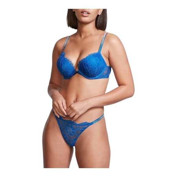 32B Victoria's Secret Bombshell Add-2-Cups Push-Up Bra blue lace shine straps - Picture 3 of 10